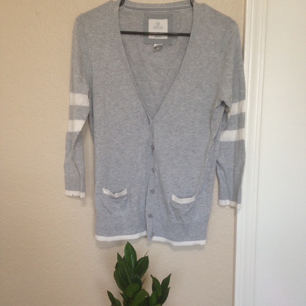 Cozy aerie cardigan soft grey stripes button
